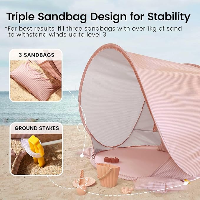 Tiny Land Baby Beach Tent – Pop Up Baby Tent with UV Protection Portable Baby Beach Essentials 35x28x32 Sun Shelter for Infants Baby Outdoor Use (Pink)