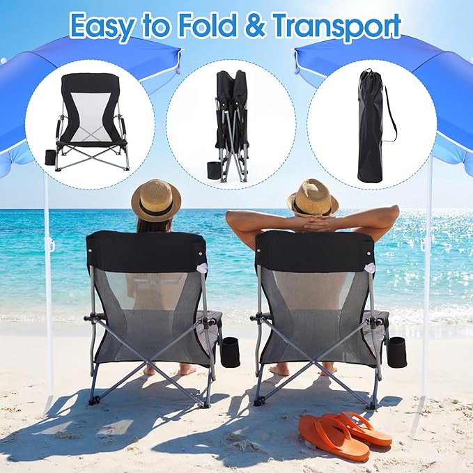 Huwena 2 Pack Beach Chair for Adult with 2 Umbrella Low Folding Chair Detachable Adjustable Lightweight with Armrests Cup Holder Carry Bag Portable for Sand Camping Travel Outdoor Pool(Black)