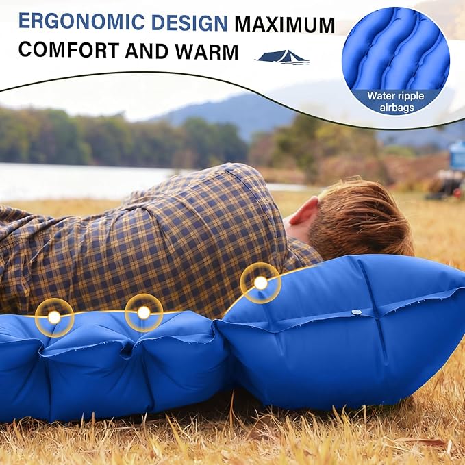 Camping Sleeping Pad Ultralight Camping Pad with Pillow Built-in Foot Pump Inflatable Sleeping Mat Compact for Camping Backpacking Hiking Traveling - Blue Single