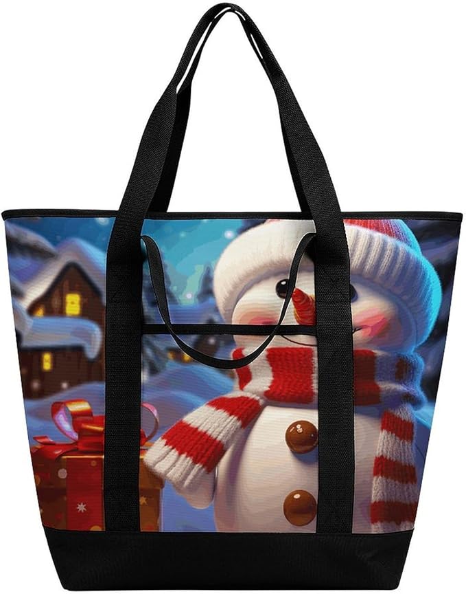 Insulated Shopping BagLarge Reusable Cooler Bags Cute Snowman Printed Foldable Shopping BagTravel Waterproof Shoulder Bag