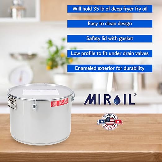 MirOil Oil Grease Bucket &amp Filter Pot Silver (7 Gallon) – Fryer Container w/Lid Lock &amp Clip Food Grade Interior Coating - Hot Grease Collection Pot - Made In USA – Model #60L