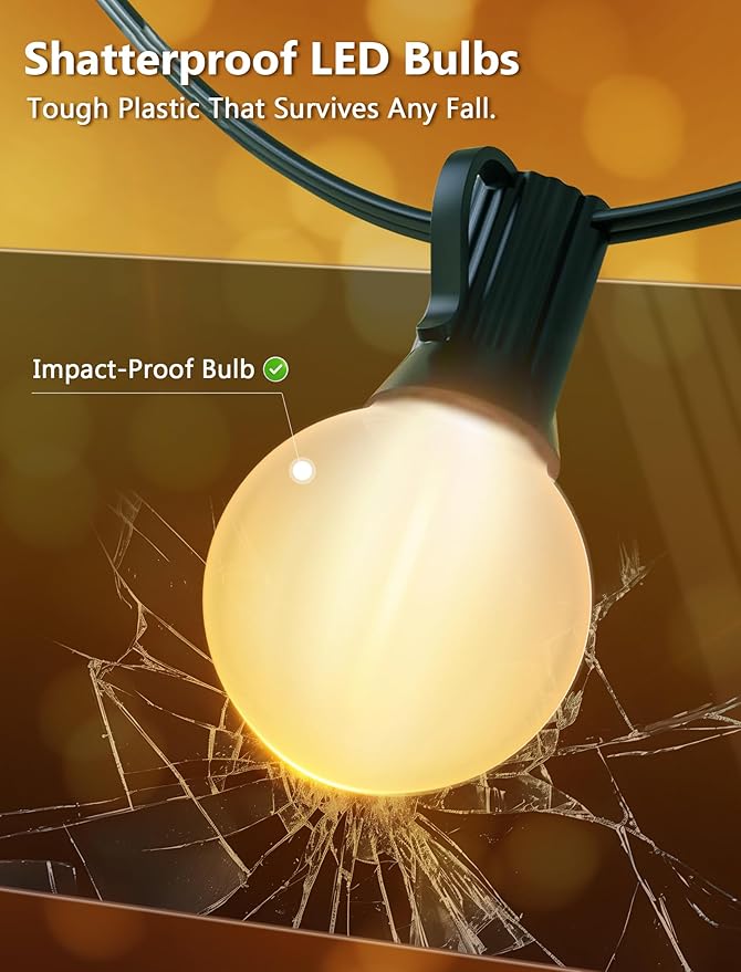 25FT G40 LED Frosted Outdoor String Lights Globe String Lights with 27 Edison Shatterproof Bulbs(2 Spare) Decorative Lights for Bedroom Bistro Café Wedding Warm White Green Wire