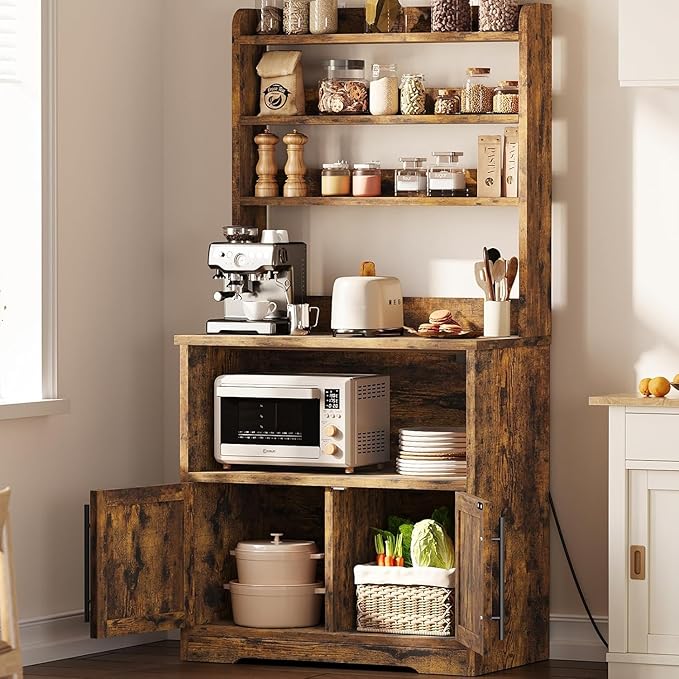 GAOMON Farmhouse Bakers Rack with Storage Cabinet and Charging Station Kitchen Hutch with Thickened Tabletop Power Outlets &amp USB Ports Pantry Organizer Shelf for Kitchen and Dining Room Brown