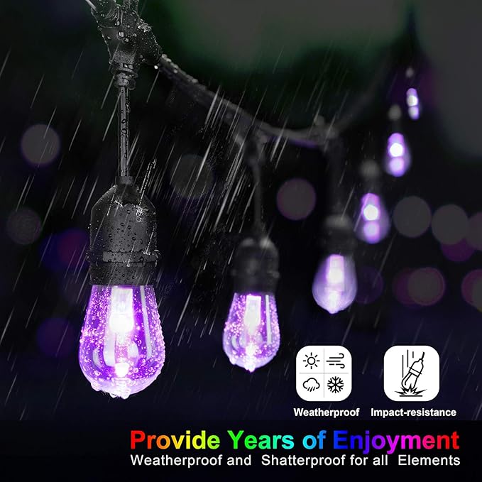 Mlambert 48FT Outdoor Patio Lights Waterproof Dimmable with Remote RGB Cafe LED String Light with 15 Shatterproof Bulbs for Bistro Party-Black 1 Pack