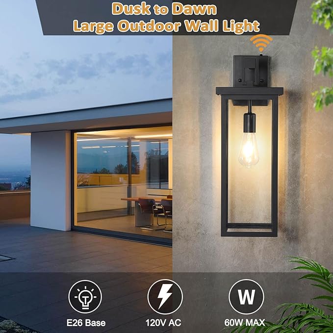 tewei 2 Pack Dusk to Dawn Large Outdoor Wall Lantern 20 Inch Black Exterior Wall Light Fixtures Large Porch Light with Clear Shade Sensor Modern Outdoor Sconce Lights for House Garage E26 Base