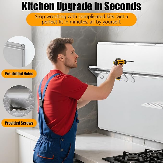30x30 Stainless Steel Range Backsplash for Stove Hood Wall Mount Panel with Storage Shelf &amp Knife Rack Commercial Backsplash Shield Pre-Drilled Holes for Easy Installation