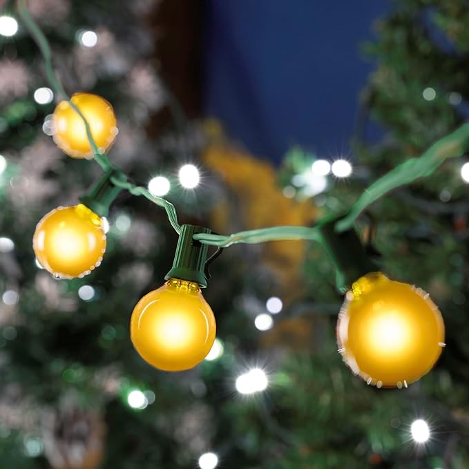 25 Foot G30 Outdoor Patio String Lights with 25 Yellow Globe Bulbs – Indoor Outdoor String Lights – Market Bistro Café Hanging String Lights – C7/E12 Base - Green Wire