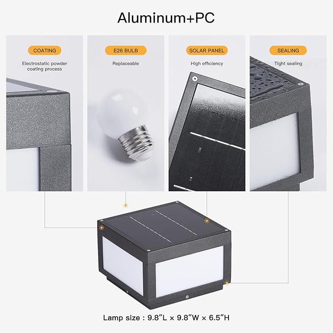 Solar Post Lights 9.8 Modern Pillar Lights Outdoor Dusk to Dawn Column Light Waterproof 3000K Square Lamp Fence Posts Cap LED Light Landscape Lighting for Patio Garden Deck Outside Columns