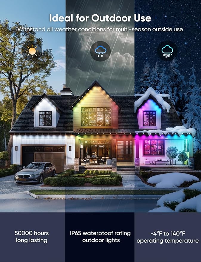 Permanent Outdoor Lights 150ftRGBW Eaves Light with 108 LED Lights111+ Scenes Modes Outdoor Lighting Waterproof Permanent Light for Daily Holiday Halloween Decorations Compatible with AlexaBlack