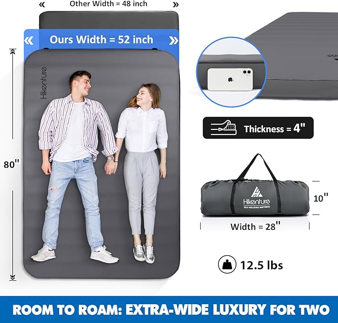 Hikenture Extra Thick Double Self Inflating Sleeping Pad 9.5 R Camping Mattress 2 Person Inflatable Foam Camping Pad with Pump Sack Portable 4 in Thickness Comfort Plus Camping Mat for 4-Season