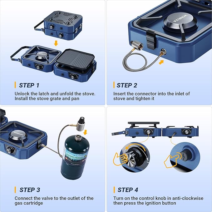 Upgraded WINKIZA 2 Burner Propane Camping Stove with Grill Foldable Camp Stove with 16000 BTU Two Adjustable Burners with Piezo Ignition &amp Easy Carrying Handle Portable Stove for Camping BBQ