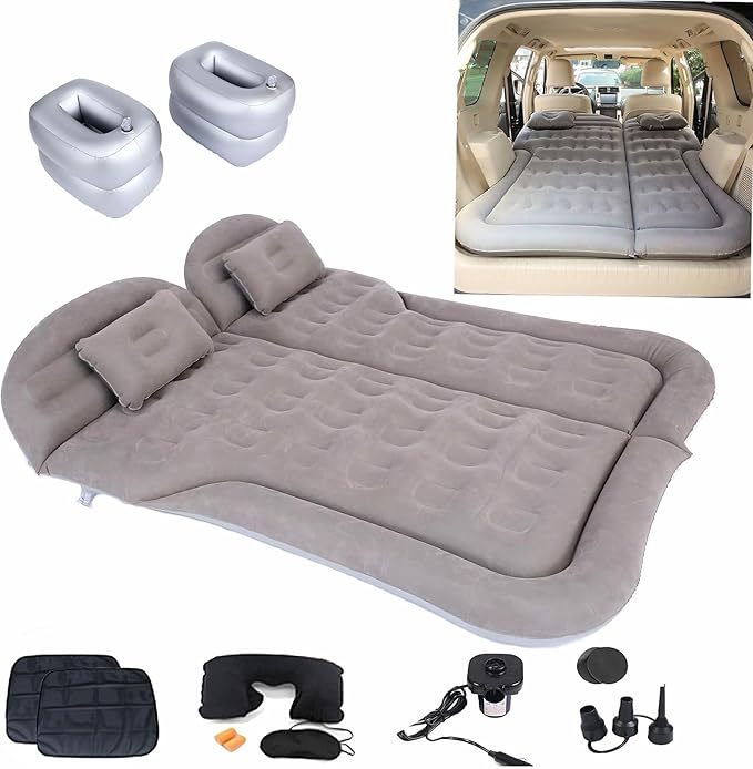 Inflatable SUV Air MattressThickened Flocking Car Travel Camping Bed with 2 Pillows &amp Air PumpPortable Car Sleeping Mattress for SUV Trunk and Rear