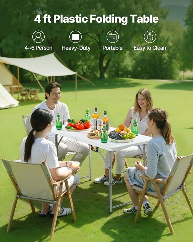 VEVOR Folding Table Heavy Duty Portable Fold-in-Half Utility Table Indoor Outdoor Plastic Rectangle Table with Built in Handle for Party Dining Wedding Events Picnic Camping 4 ft White