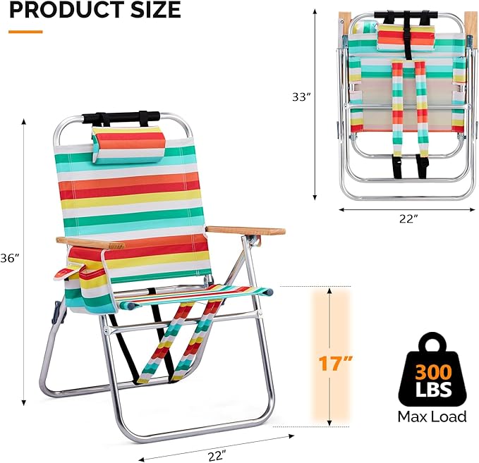Bonnlo Lightweught 17 Backpack Beach Chair Tall Beach Chairs for Adults Portable with Adjustable Straps 3-Position Reclining Cup Holder High Beach Chairs for Beach