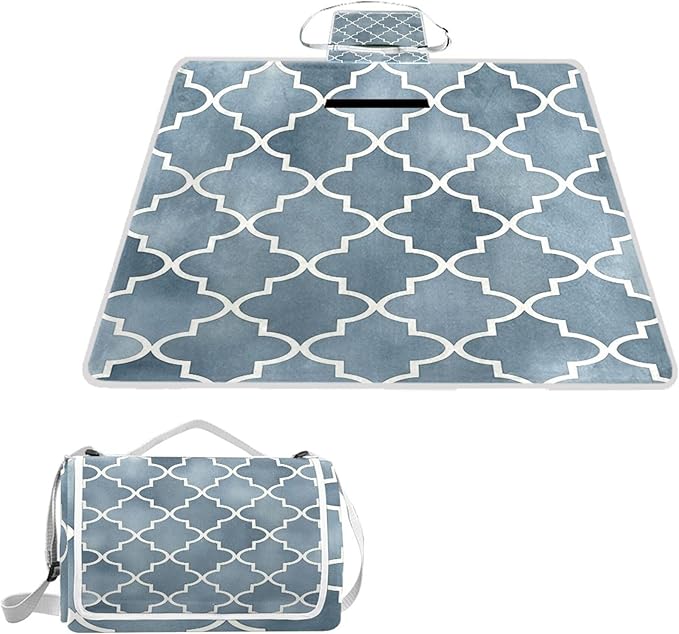 MNSRUU Picnic Blanket Waterproof Foldable Grey Moroccan Large Outdoor Picnic Beach Camping Blanket Travel Mat Shoulder Strap Tote Rectangle 57x59in