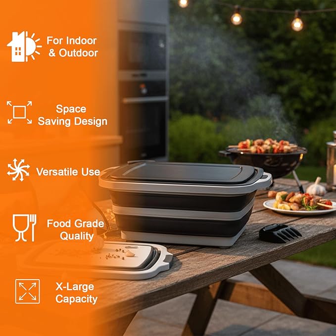 BBQ Prep Tub | Meat Prep Tub with Locking Lid 2 Meat Shredder Claws &amp BBQ Mitts Collapsible with Cutting Board Drain Plug Portable for Camping &amp Grill Design PicnicMarinating MeatVersatile