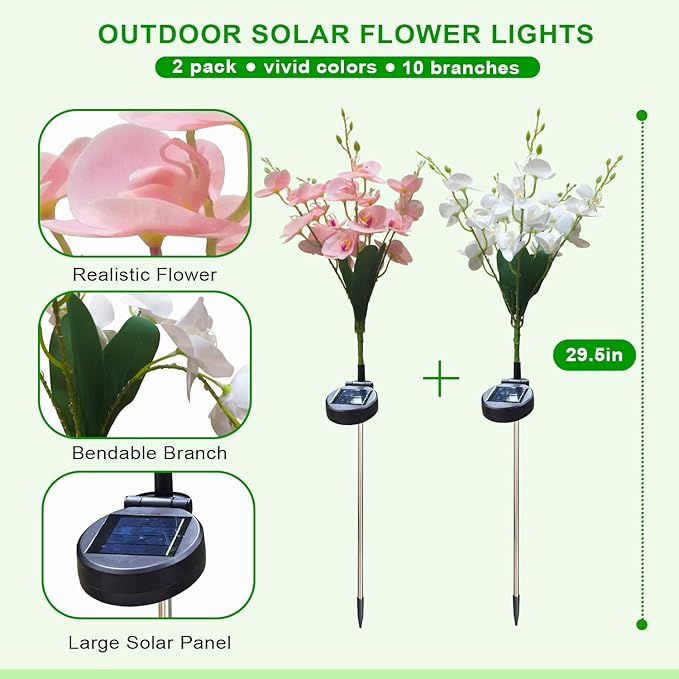 Solar Flower Lights 2 Pack Solar Flowers with Pink &amp White Orchids Solar Outdoor Lights Waterproof Solar Garden Lights for Yard Patio Pathway Lawn Flowerbed Grave Cemetery Decor