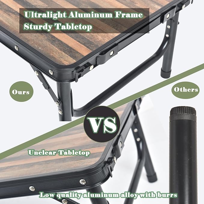 Aluminum Folding Table - Premium Portable Lightweight and Adjustable Camping Table for Outdoor Adventures Picnics and Home Use - Durable and Compact Design 2ft with Carry Handle (Wood Grain)