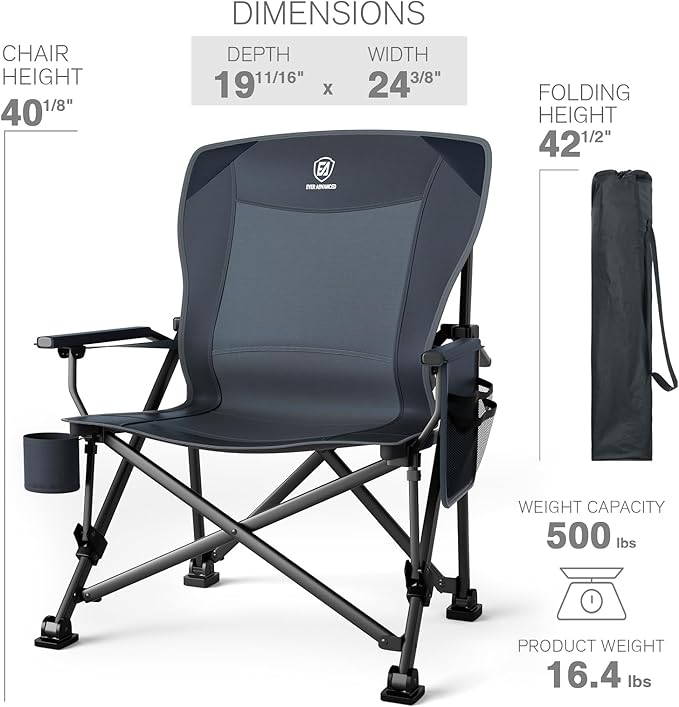 EVER ADVANCED Oversized Folding Camping Chair for Adults with Adjustable Lumbar Support Heavy Duty Chair with Side Pockets Portable Collapsible Quad Chair for Outside