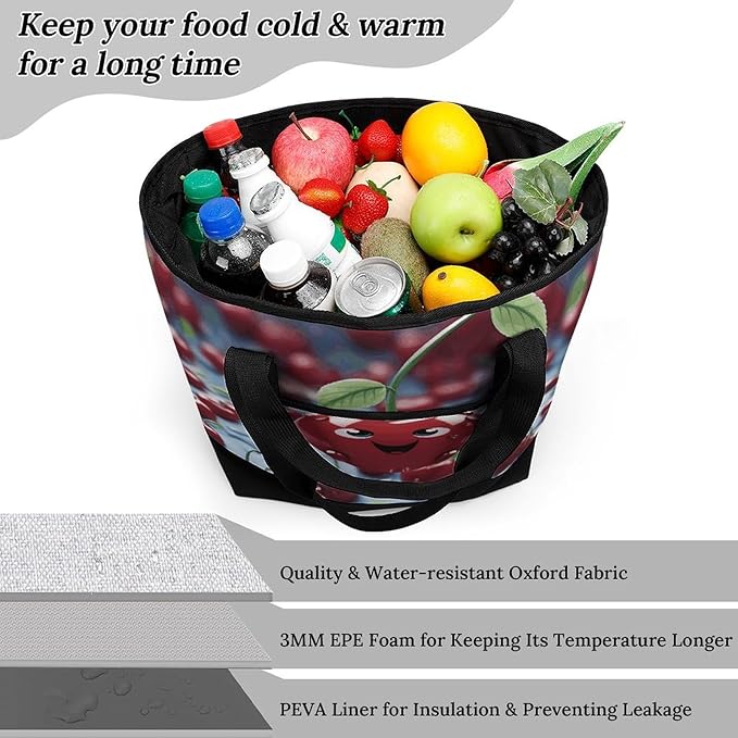 Insulated Shopping BagLarge Reusable Cooler Bags Cartoon Cherry Printed Foldable Shopping BagTravel Waterproof Shoulder Bag