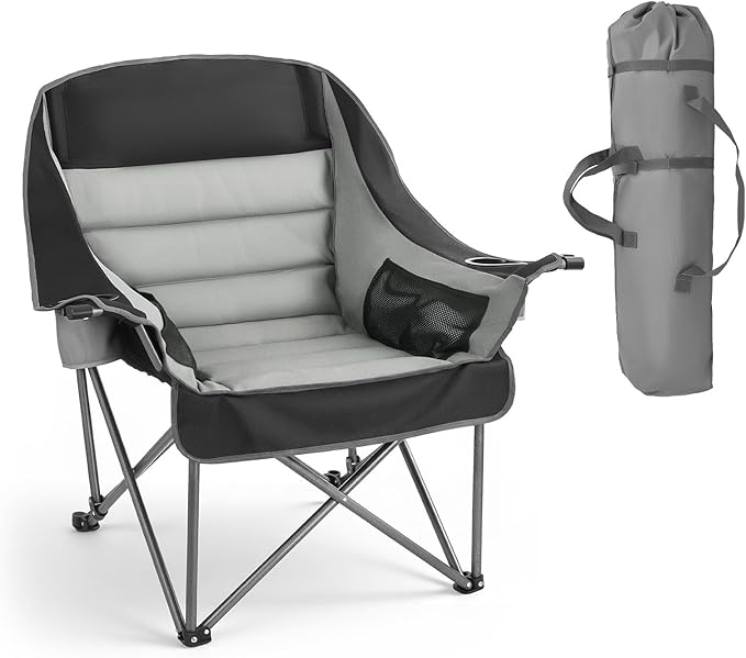 VEVOR Oversized Camping Chairs 450 lbs Heavy Duty Support Portable Padded Folding Camp Chairs with Dual Cup Holders &amp Wine Glass Holders Carry Bag for Outdoor Fishing Black &amp Gray 1 Pack