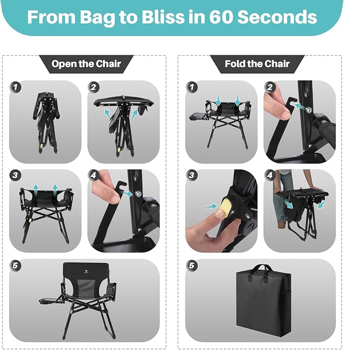 Heavy-Duty Camping Director’s Chair with Side Table 400lb Capacity 600D Oxford Quick Setup Smart Storage &amp Ergonomic Comfort Durable Steel Frame for Camping BBQs &amp Sports Events Black