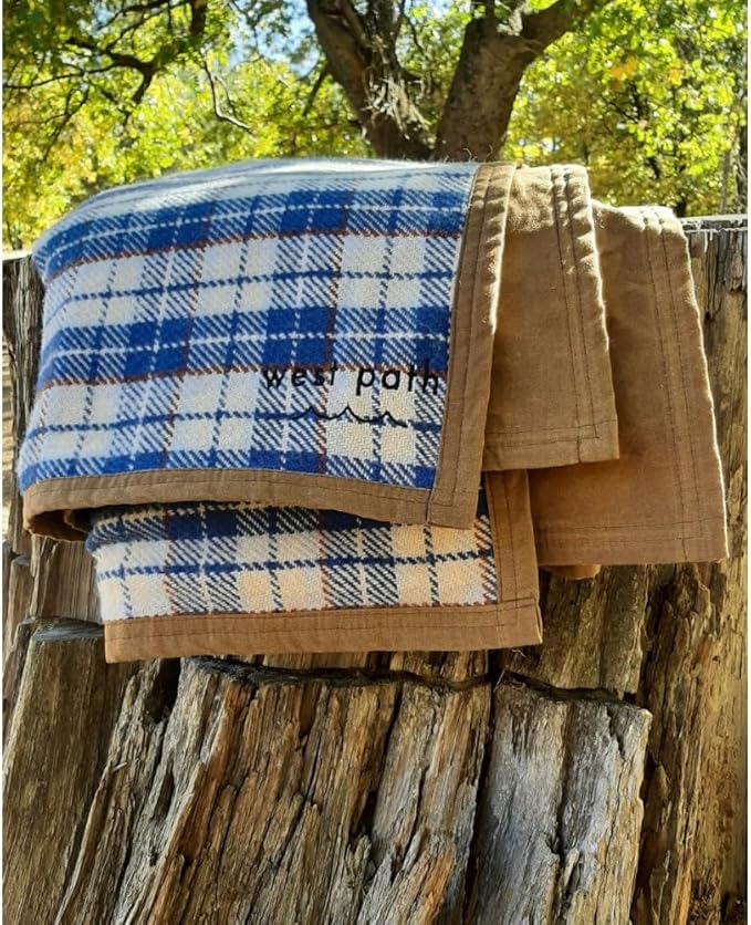 Canvas Camp Blanket – Waterproof Outdoor Blanket Waxed Canvas with Water Repellent Backing Bushcraft &amp Campfire Friendly Ideal for Camping Hiking Beach Picnic &amp Festivals (Blue/White Re