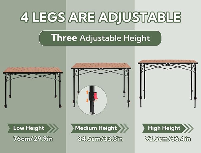 Portable Outdoor Adjustable Height Camping Table Large for 2-6 Person Foldable Roll-up Aluminum Camp Table with Carry Bag for Picnic Camp Sturdy Stable Loads 220 Lbs