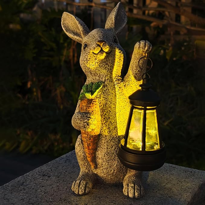 Garden Statues Rabbit Solar Lantern Outdoor Handmade Resin Statue Bunny with Cute Carrot for Patio YardMother's Day Gift Ideas (rabbit1)