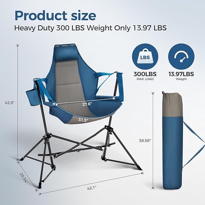 ALPHA CAMP Hammock Folding Rocking Chair with Cup Drink Holder High Back Padded Swinging Chair for OutdoorCamping LawnBackyardPicnic Steel Heavy Duty Portable Oversized(Blue)