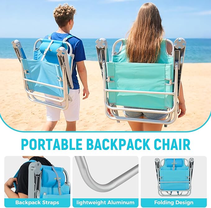 #WEJOY Extra Wide Beach Chairs for AdultsReclining 5 Adjustable Position Folding Beach Chairs with Cup Holder Lightweight Aluminum Backpack Beach Chair with Padded headrest500 LBS Heavy Duty