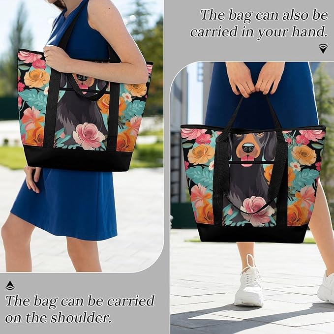 Insulated Shopping BagLarge Reusable Cooler Bags Dog Floral Printed Foldable Shopping BagTravel Waterproof Shoulder Bag