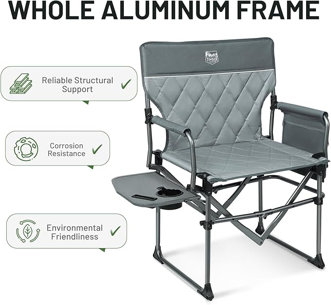 Timber Ridge Aluminum Camping Directors Chair with Side Table Pocket Portable Folding Chair Heavy Duty Lawn Chair for Fishing Trip Picnic Concert Outdoor 400lbs Grey