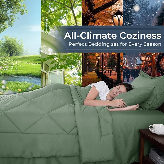 HEVUMYI Sage Green King Comforter Set - 7-Piece All Season Bed in a Bag King Ultra Soft Bedding Set with Comforter Flat Sheet Fitted Sheet Pillowcases Pillow Shams Sage Green