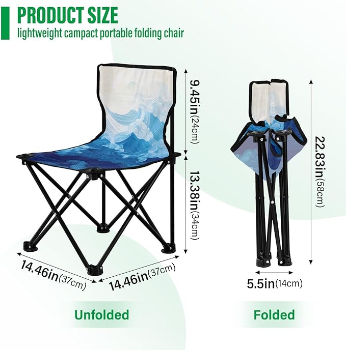 Sea Wave Portable Camping Chairs Folding Chair - Durable Oxford Fabric Lightweight Iron Frame Easy Fold Design - Ideal for Outdoor Activities Camping Fishing and Travel