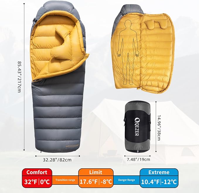 Down Sleeping Bag for Adults 620 Fill Power 0 Degree Sleeping Bag Cold Weather Ultralight with Pouch for Backpacking Camping Hiking