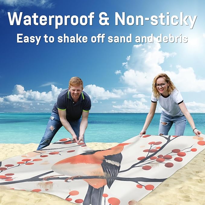 Waterproof Sandproof Beach Blanket 59''×68'' Spring Animal-Bird Polyester Outdoor Picnic Blanket with 4 Stakes &amp Storage Bag for BeachCampingVacation
