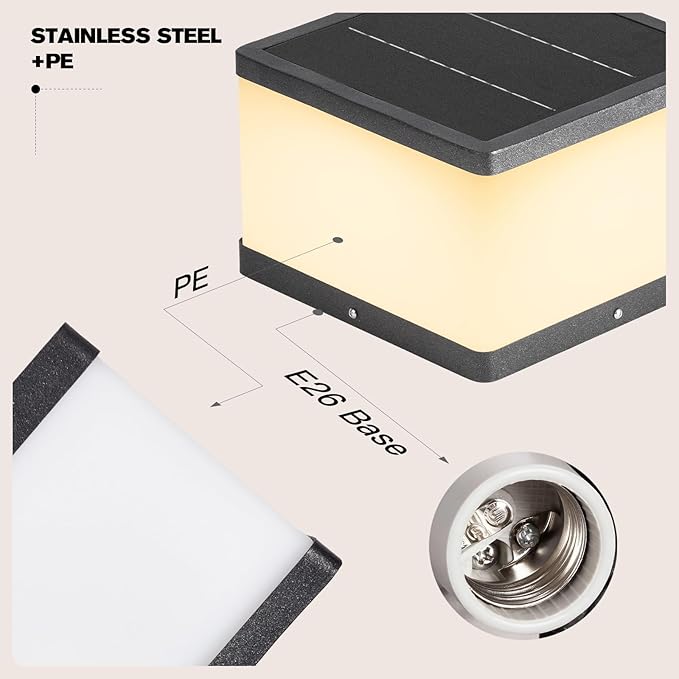 Outdoor Solar Post Lights 9.84 Waterproof Lamp Posts Outdoor Lighting 3000K Dusk to Dawn Column Lights Square LED Solar Pillar Entrance Light with E26 Bulb for Patio Driveway Garden Yard