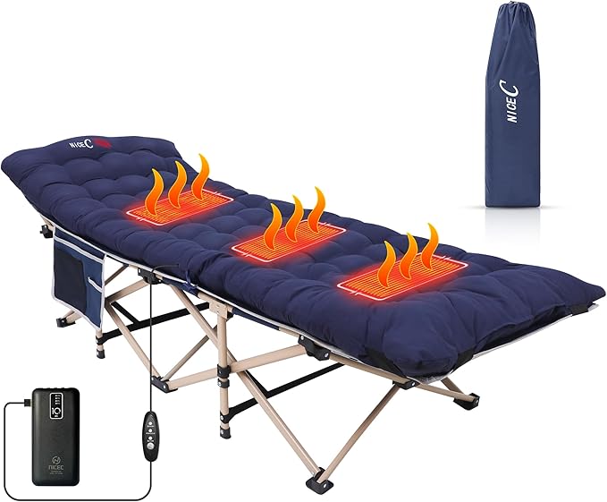 Nice C Heated Cot with Battery Heated Camping Cots with Cushion Folding Cots with Mattress for Adults with Pillow Carry Bag &amp Storage Pocket Extra Wide Sturdy Holds Up to 500 Lbs (1 Pack Nav