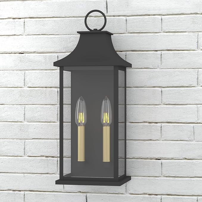 Dusk to Dawn Outdoor Wall Lantern 2-Light 20.6 Large Outside Wall Sconce Modern Black Wall Light Fixture with Glass Waterproof Exterior Lamp for House Porch Garage