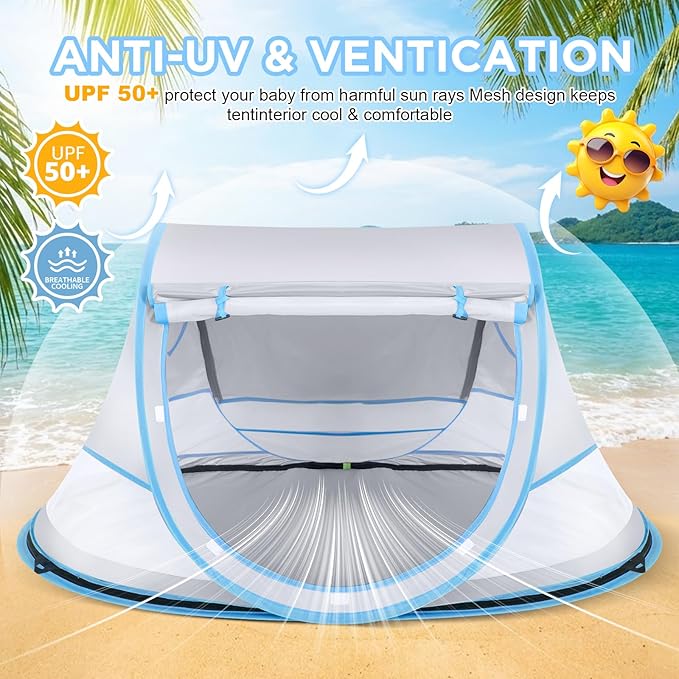Baby Beach Tent Pop Up Beach Tent Sun Shade for Beach UPF 50+ UV Protection Sun Shelters for Infants with Carry Bag for Outdoor Travel Camping(Gray)