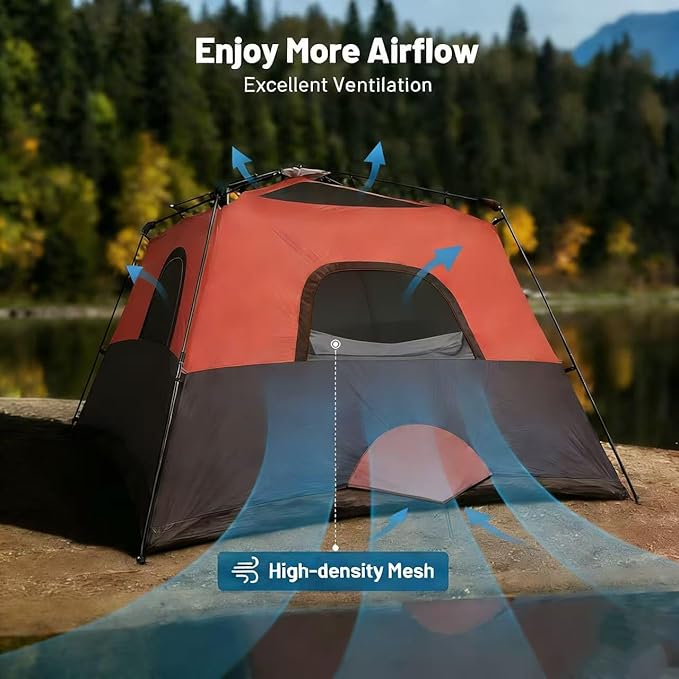 3/4 Person Camping Tent with 1 Door 4 Windows and Upgraded Ventilation– Instant Setup Waterproof 8'x 8'x 67''Oxford Fabric Floor Pop Up in 60 Seconds Includes Rainfly and Backpack