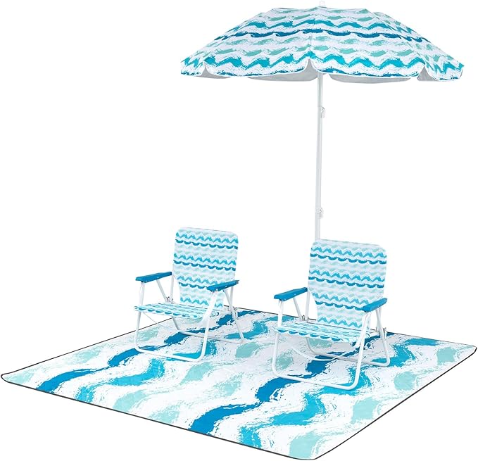 GYMAX Beach Chair with Umbrella Set of 4 Including 2 Folding Chairs Blanket Adjustable Parasol &amp Carry Bag Camping Chairs with Sunshade for Beach Patio Poolside Deck Lawn Picnic