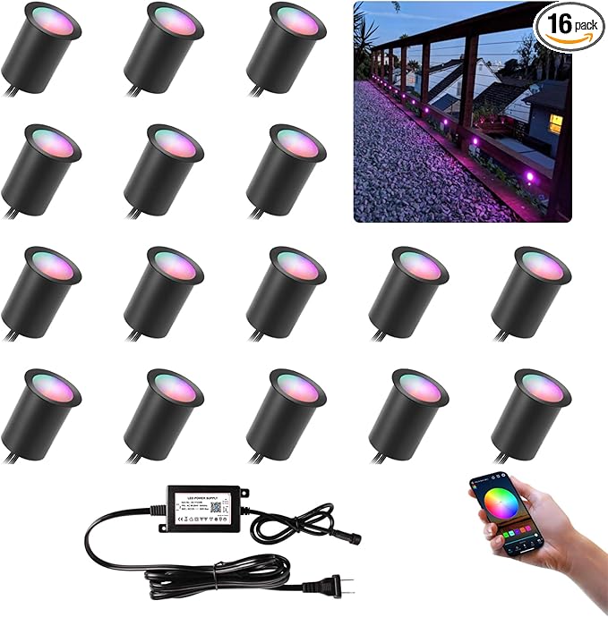 Wi-Fi Smart LED Outdoor Deck Lights RGB Φ1.18in Low Voltage 12V DC IP67 Waterproof Timer Voice Music Color Changing Compatible with Aleax Google Assistant Stair Step Lighting 16 Pack Black