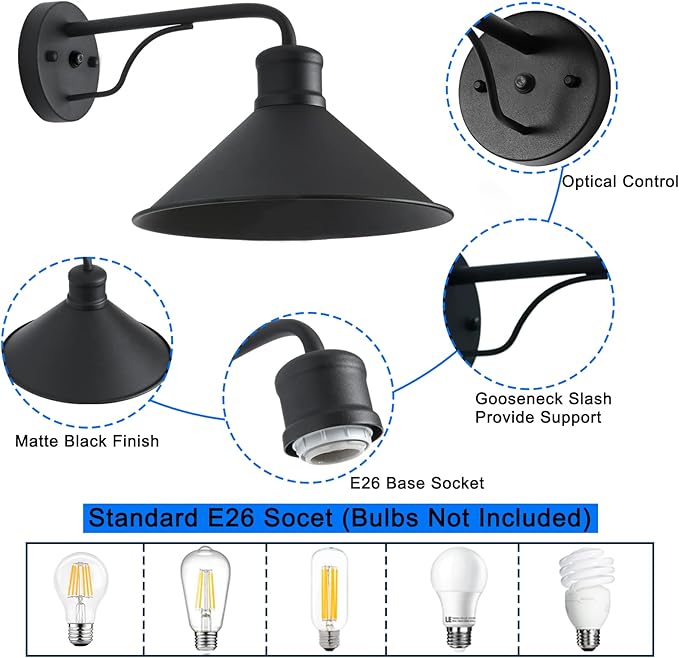Outdoor Light Fixture for Porch and House 12 Exterior Barn Light with Dusk to Dawn Black Classic Light Fixture for Farmhouse (Set of 3)