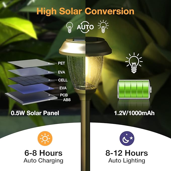 XMCOSY+ Solar Lights Outdoor 10/25 LM LED with 2 Lighting Modes Solar Garden Lights Glass and Metal IP65 Waterproof Solar Powered for Yard Pathway Walkway Driveway Patio (6 Pack Warm White)