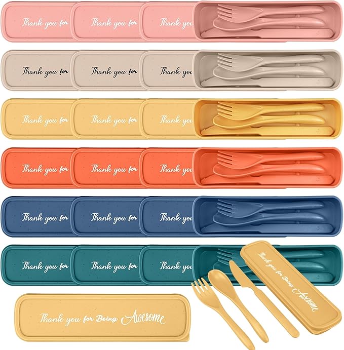 24 Pcs Employee Appreciation Week Gift Bulk Staff Reusable Travel Utensils Set with Case Wheat Straw Cutlery Portable Spoon Knife Fork Tableware Lunch Box Accessories for Picnic(Light Color)
