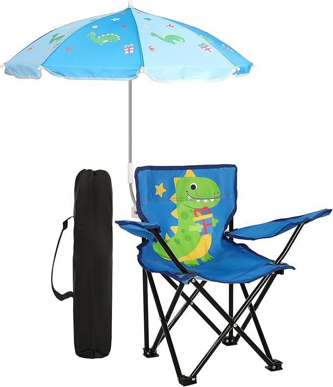 Outdoor Toddler Camping Chair with Umbrella Foldable Beach Chairs with Safety Lock for Kids Waterproof Lawn Kids Folding Chair for Outside Beach Travel(Dinosaur)
