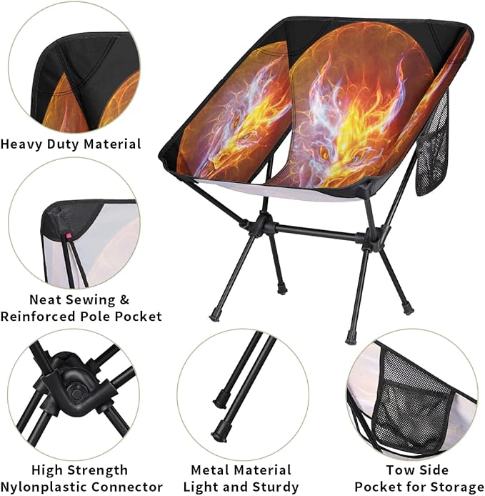 Dragon Fire Camping Chairs for Adults Ultralight Folding Chairs Outside Portable Camp Backpacking Chair with Side Pocket Storage Bag Compact Beach Chairs for Hiking Fishing