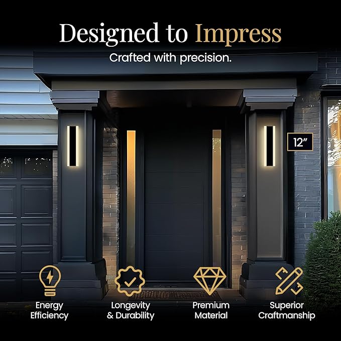 MOD LIGHTING Haylen Wired LED Outdoor Wall Light (2-Pack) 12 Water Resistant Outdoor LED Sconce Remote Dimming Modern Wall Sconces for Patio Garage Black